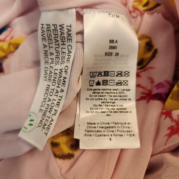Ganni Dress Size 38 US 6 Womens Floral Pink Mesh Ruched Mini Bodycon Feminine - Picture 11 of 12